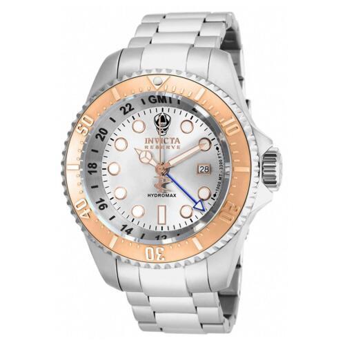 Invicta Men`s Reserve Hydromax Quartz Gmt Date Silver Dial 52mm Watch 16964 - Dial: Silver, Band: Silver, Bezel: Rose Gold