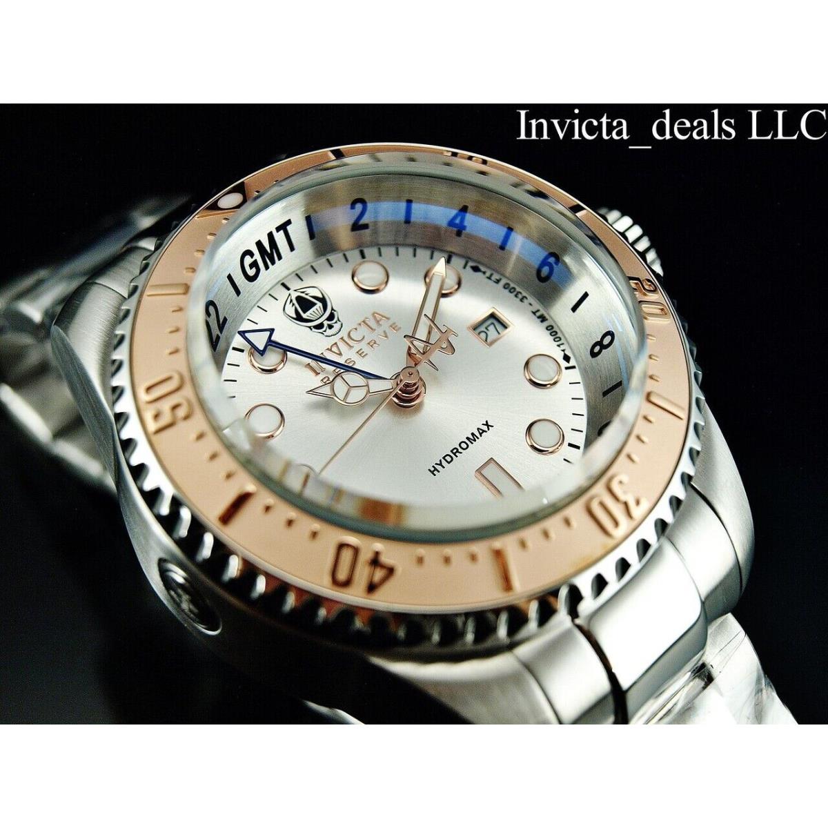 Invicta Reserve 52mm Skull Hydromax Swiss Gmt Silver Dial Rose Bezel SS Watch - Dial: Silver, Band: Silver, Bezel: Rose Gold