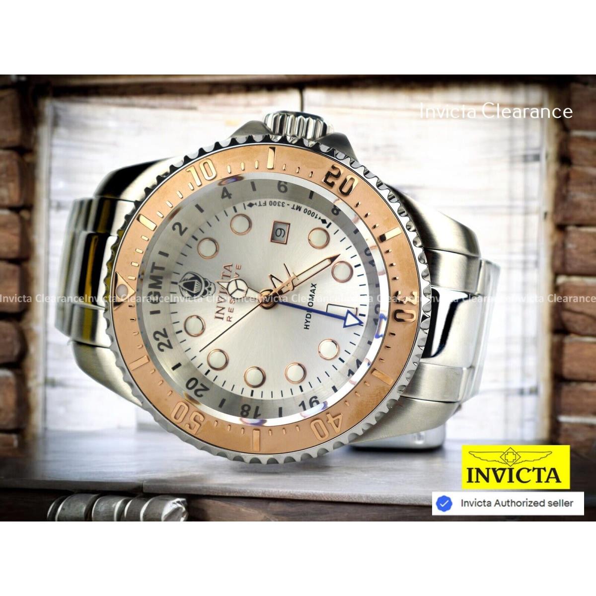 Invicta Reserve 52mm Skull Hydromax Swiss Gmt Silver Dial Rose Bezel SS Watch - Dial: Silver, Band: Silver, Bezel: Rose Gold, Steel