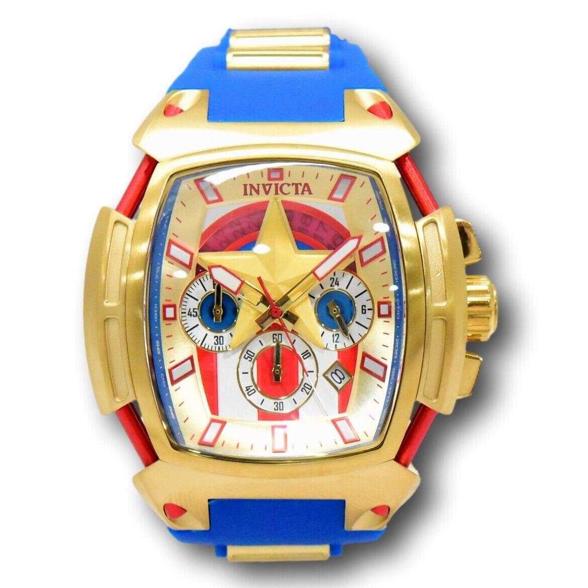Invicta Diablo Marvel Captain America Men`s 53mm Limited Ed Chrono Watch 38380 - Dial: Blue, Gold, Multicolor, Red, White, Band: Blue, Bezel: Gold, Yellow