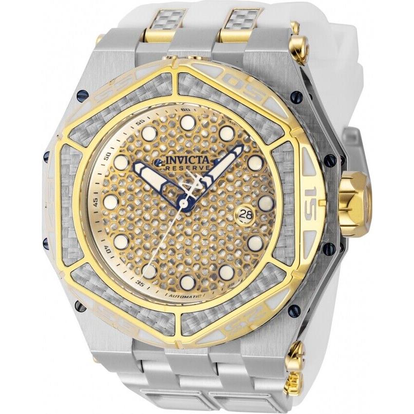 Invicta Men 55mm Carbon Hawk Automatic Gold Silver Dial Silicone SS Band Watch - Gold and Silver Dial, Silver and White and Gold Band, Gold Bezel