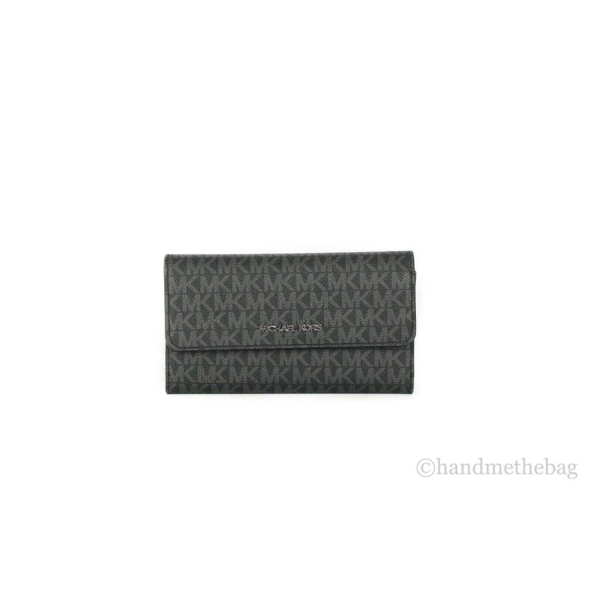 Michael Kors Jet Set Travel Leather Large Trifold Wallet Clutch Black with Silver