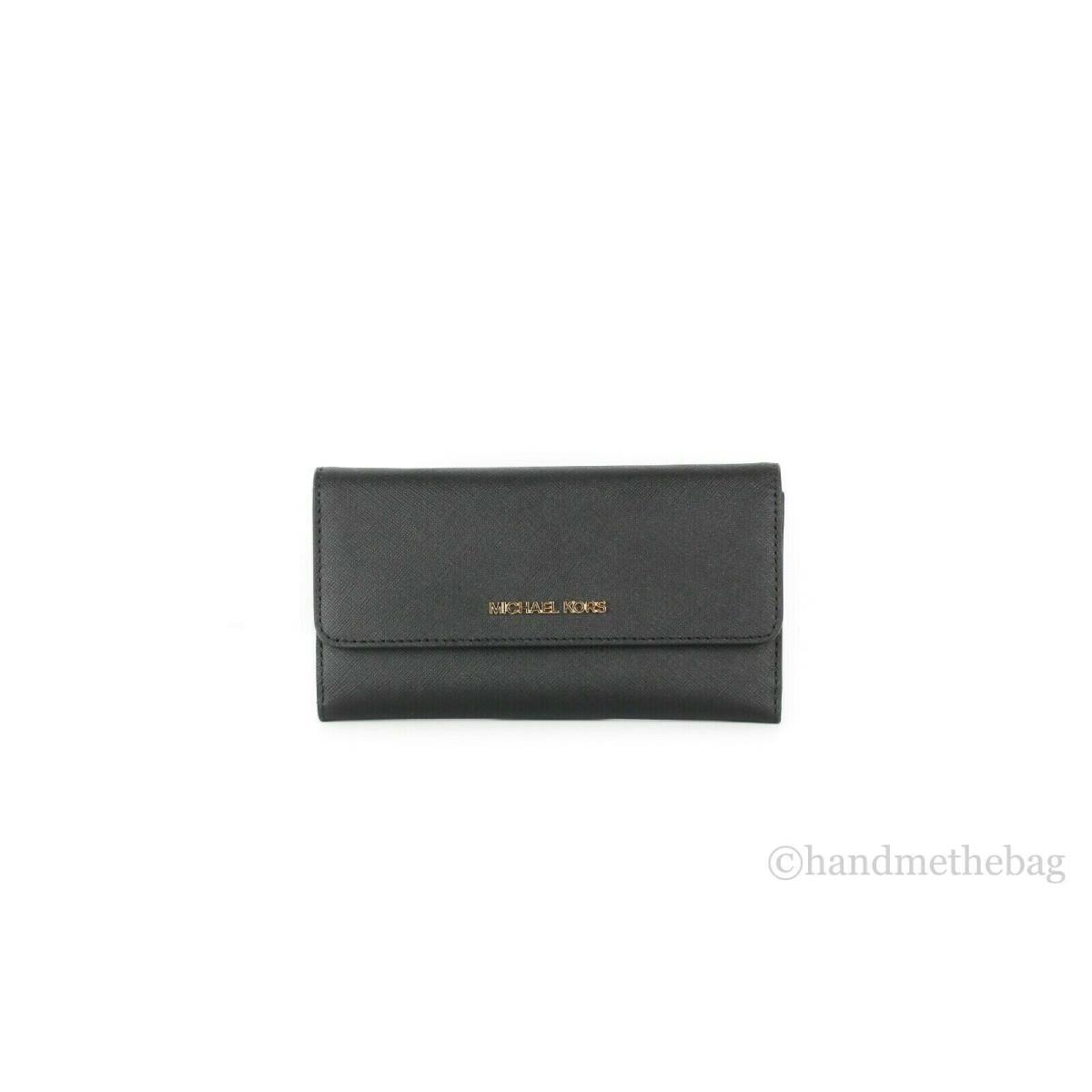 Michael Kors Jet Set Travel Leather Large Trifold Wallet Clutch Black