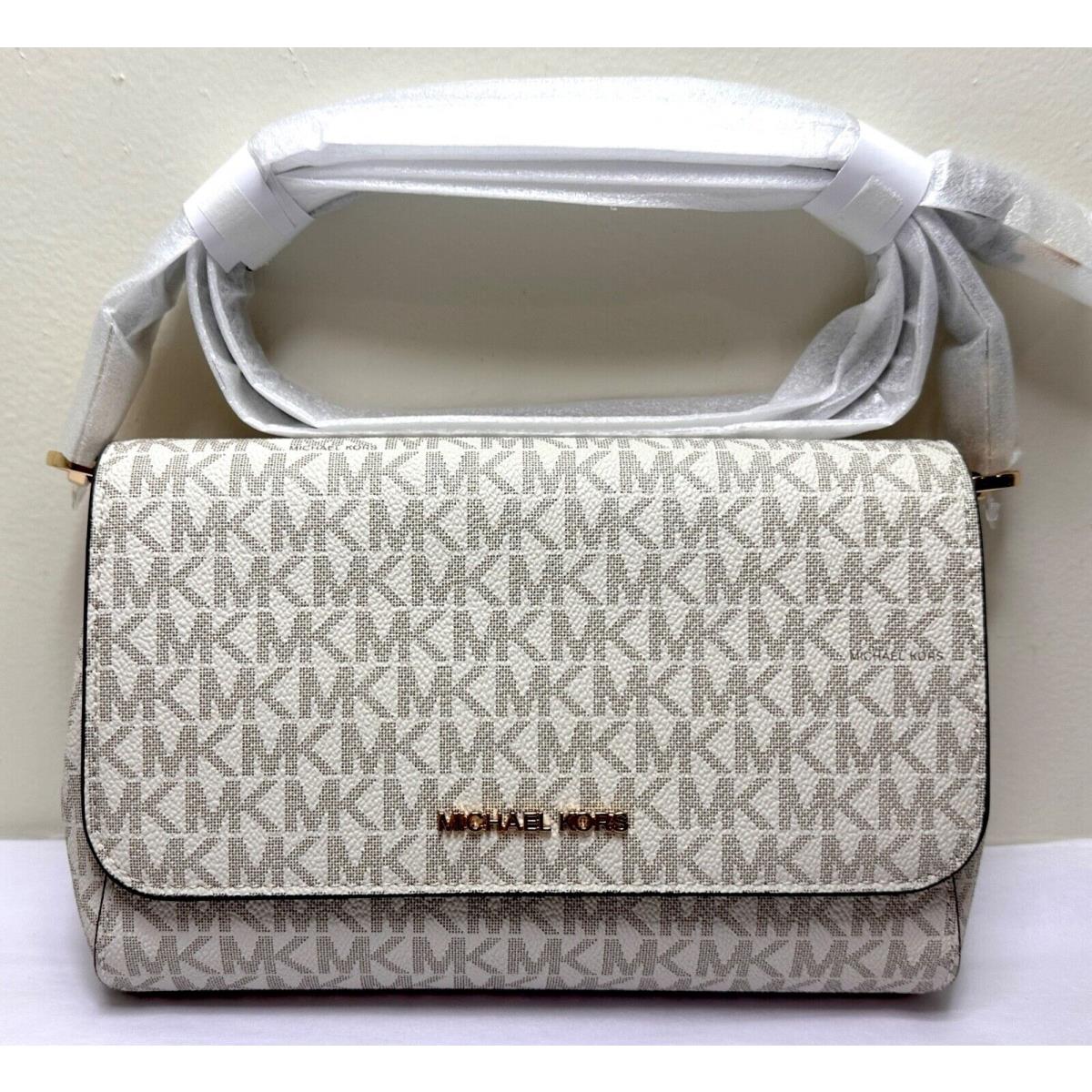 Michael Kors Jet Set Medium MK Logo Pvc Convertible Crossbody Pouchette Bag Vanilla mk/Gold