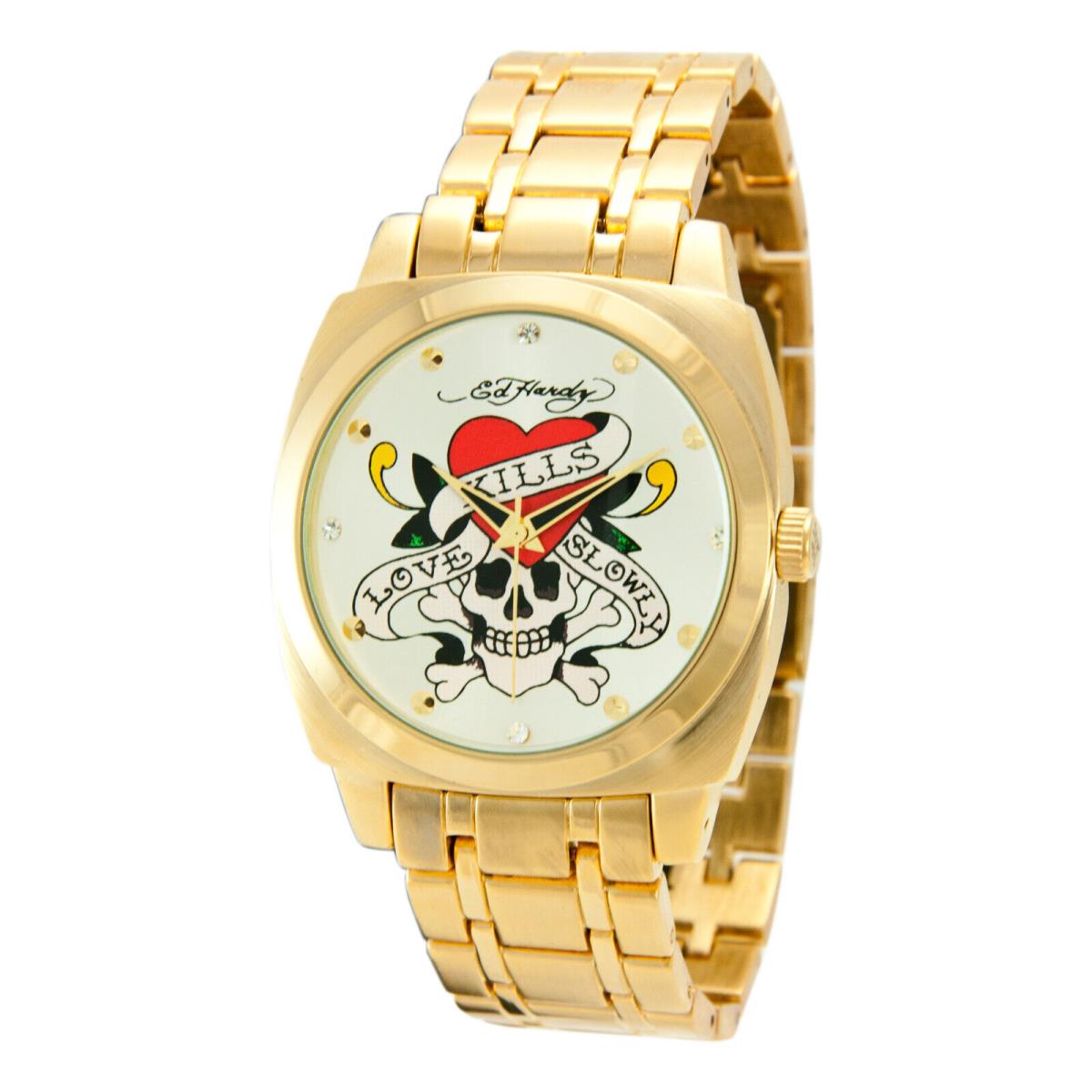 Ed Hardy Famous Rare Love Kills Slowly Tattoo Gold Tone Stainless Steel Watch