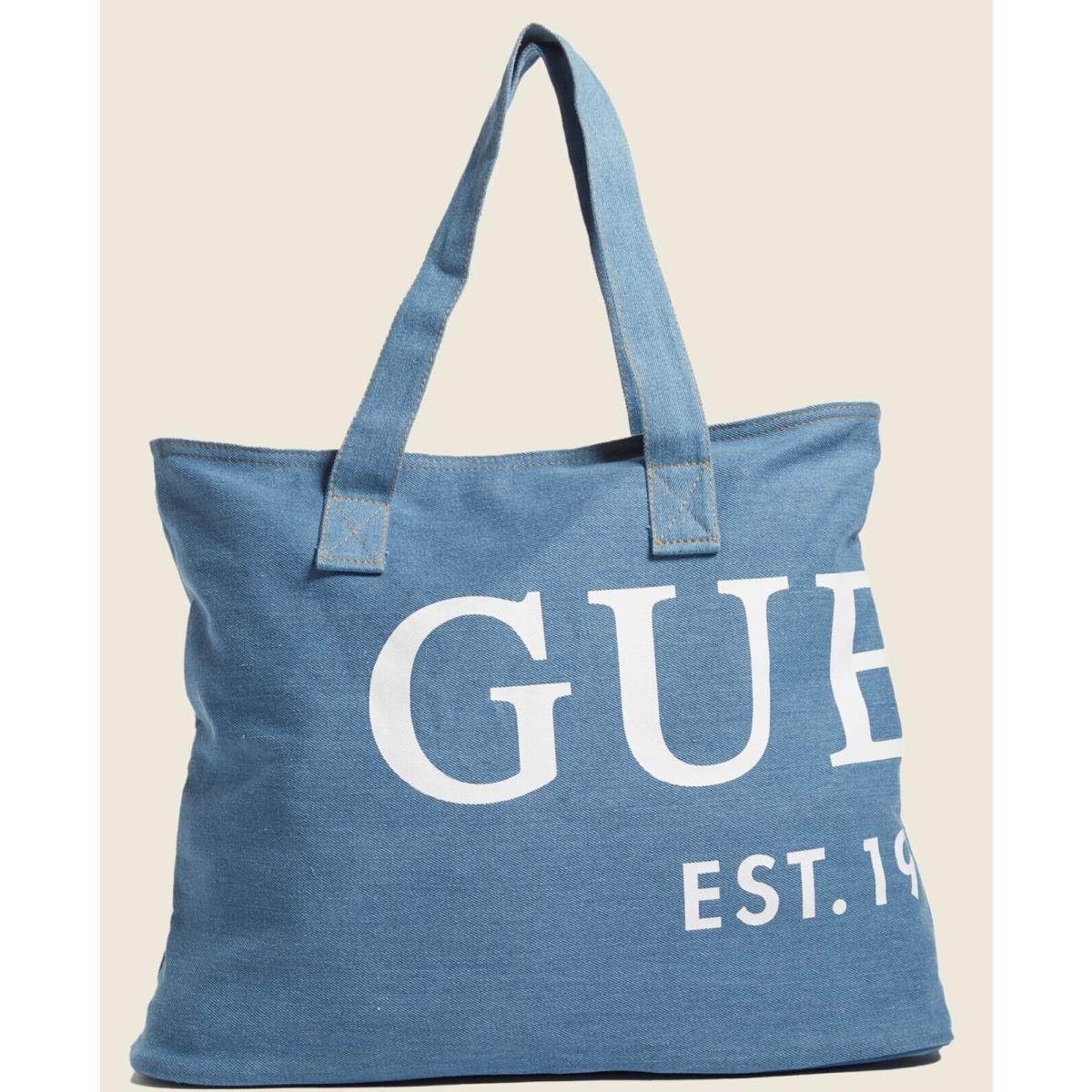 Guess Women`s Blue Denim Logo Large Top Zip Tote Bag Shopper Handbag