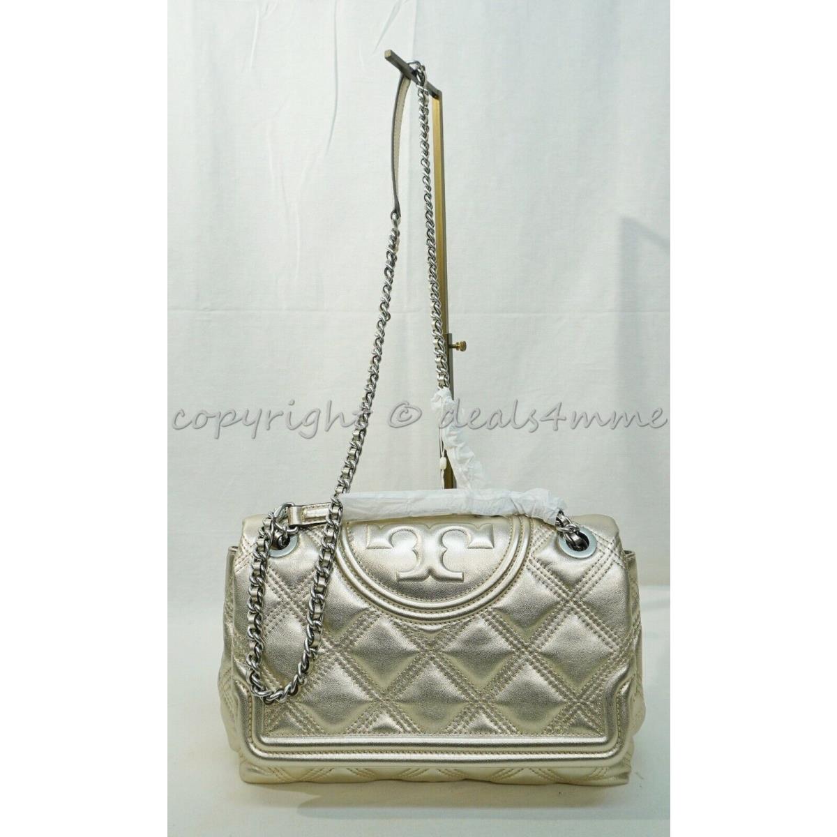 Tory Burch 143709 Fleming Soft Metallic Convertible Shoulder Bag in White Gold