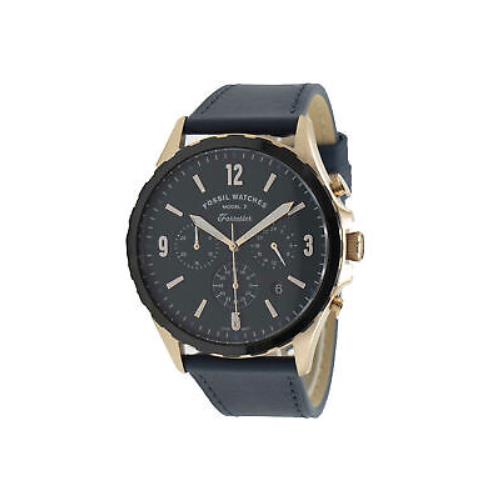 Fossil Mens Forrester FS5814 Chronograph Navy Leather Sport Watch - Gold Band