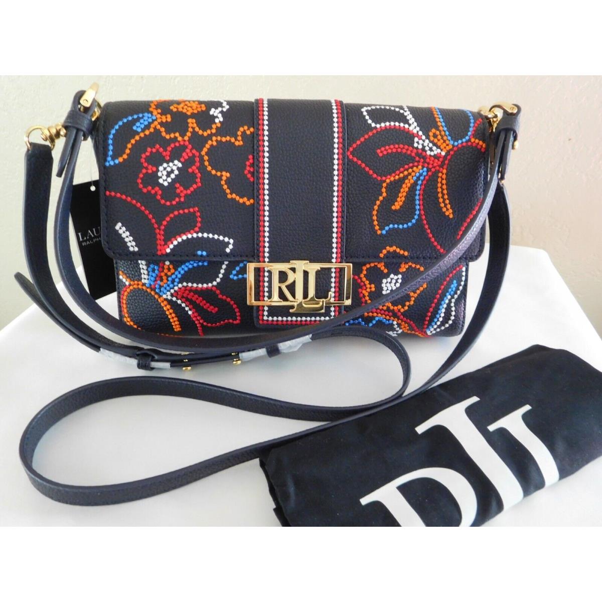 Lauren Ralph Lauren Floral Embroidered Lthr Spencer Shoulder Bag Navy/floral