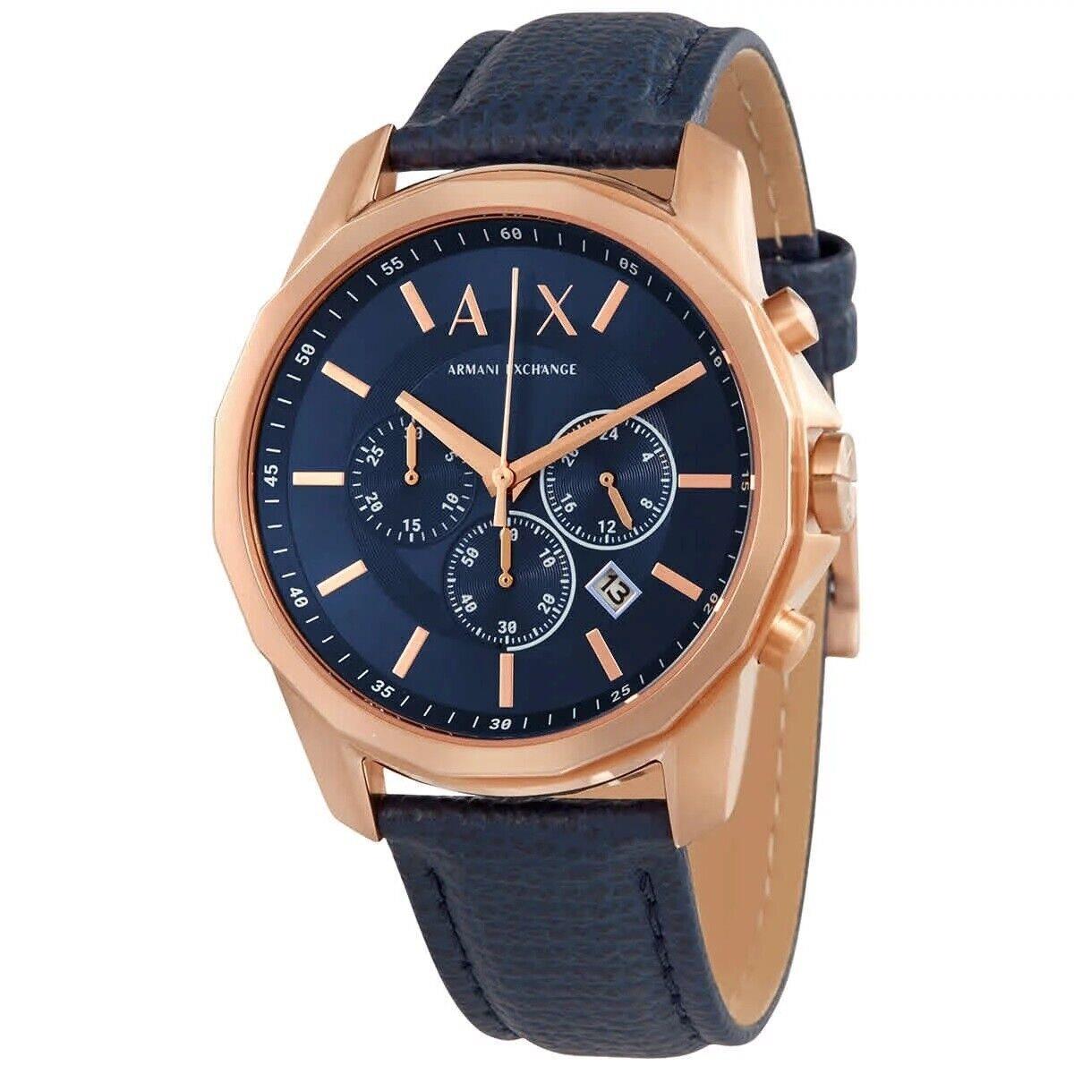 Armani Exchange Men`s Blue Leather Rose Gold Stainless Chronograph Watch AX1723