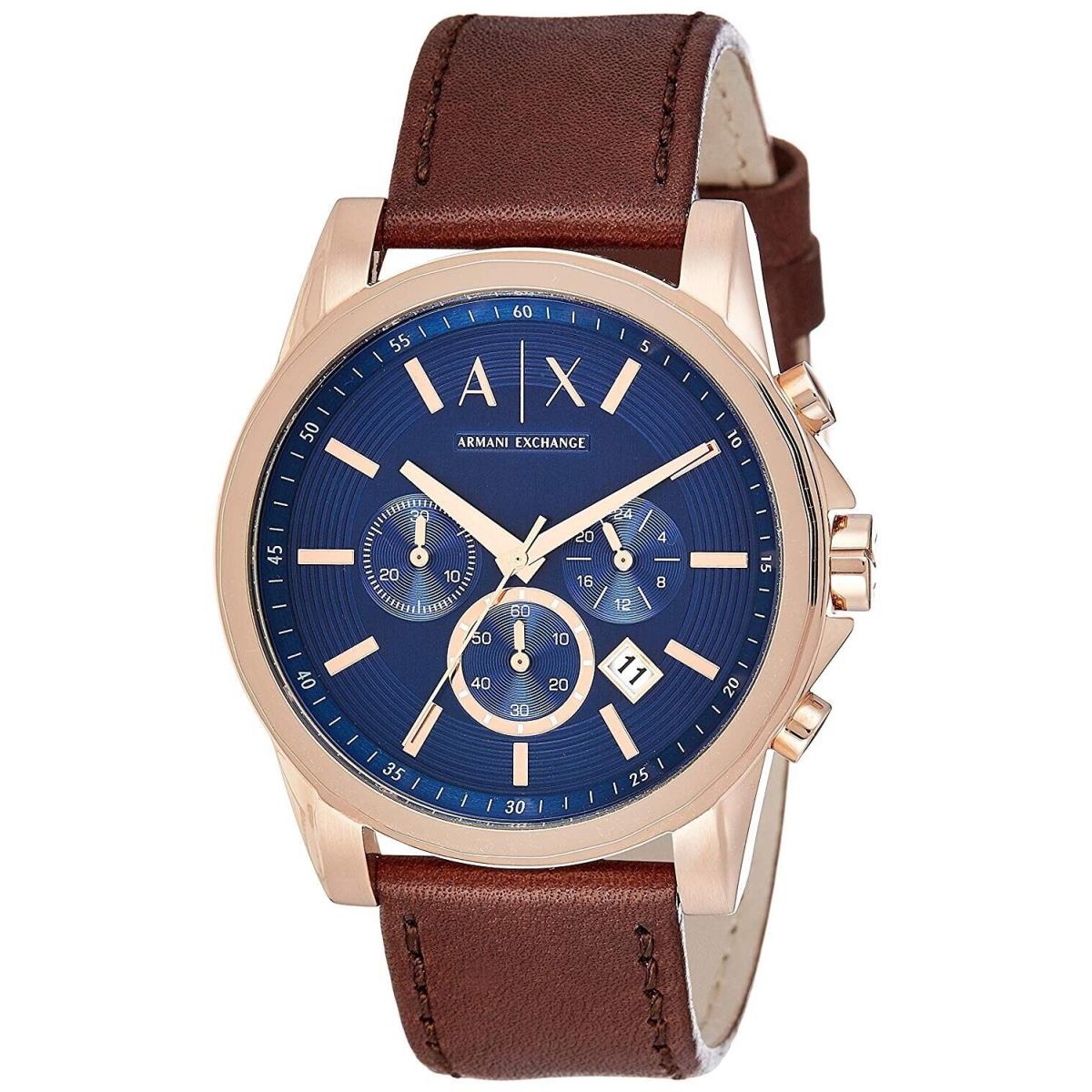 Armani Exchange Men`s Rose Gold Blue Dial Brown Leather Chronograph Watch AX2508