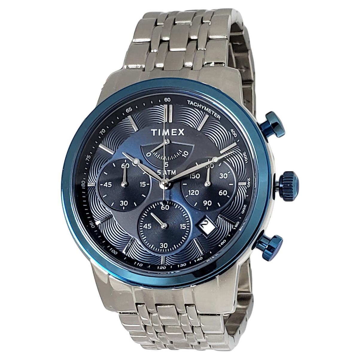 Timex TW2T23500 Men`s Blue Analog Chronograph Watch Stainless Steel Bracelet