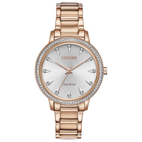 Citizen FE7043-55A Silhouette Crystal Accented Silver Dial Women`s Watch - Dial: Silver, Band: Rose Gold, Bezel: Rose Gold