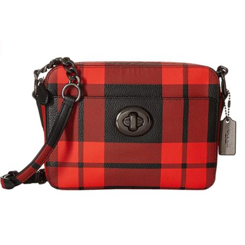 Coach Women`s Plaid Turnlock Camera Bag Qb/mount Plaid Cross Body Bag Red Bl - Black Exterior