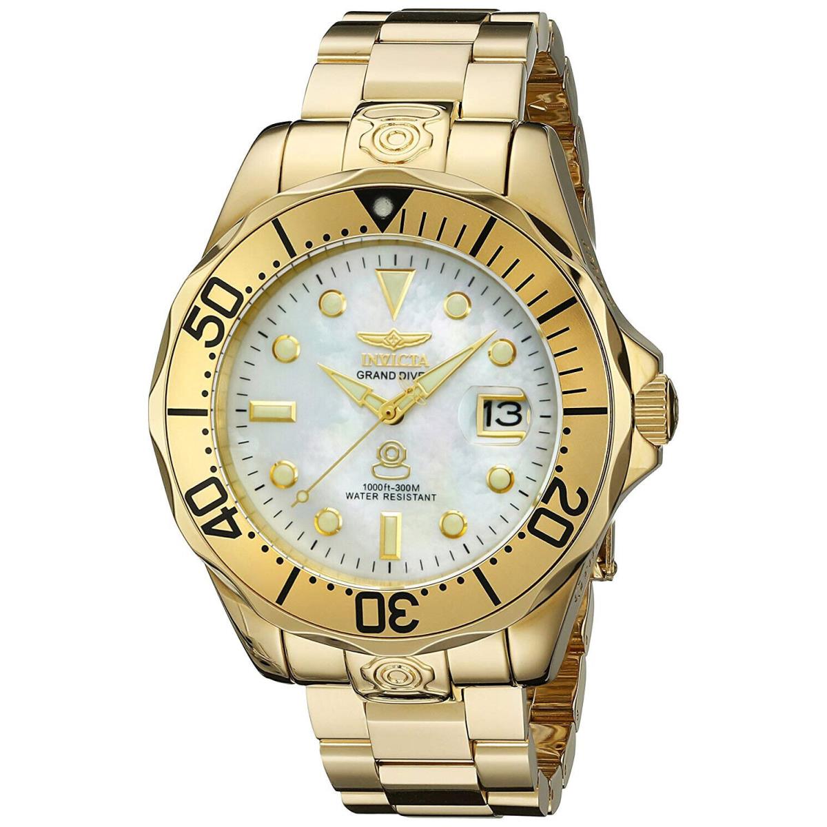 Invicta Men`s 13939 Grand Diver Gold Tone White Mop Dial SS Automatic Watch - White Mother Of Pearl Dial, Gold Band, Gold Bezel