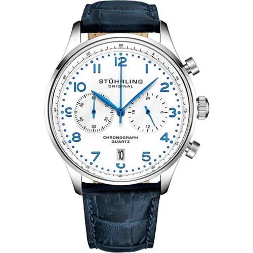 Stuhrling 4012 1 Quartz Chronograph Date Blue Leather Mens Watch