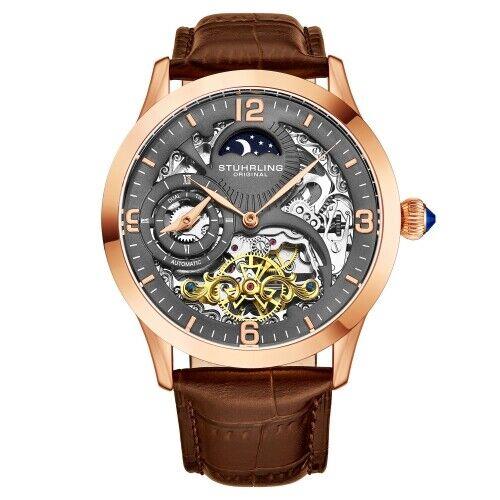 Stuhrling 3921 4 Legacy Automatic Skeleton Dual Time Brown Leather Mens Watch
