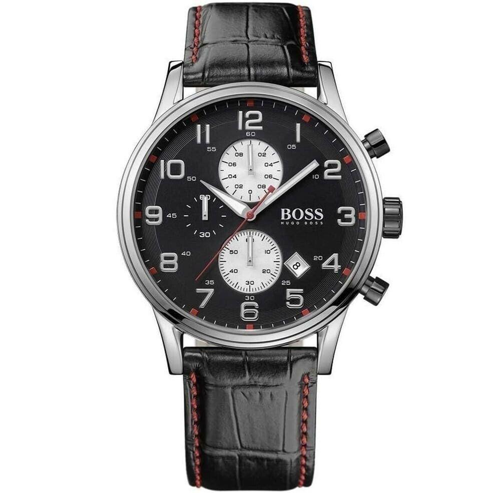 Hugo Boss Aeroliner Black Dial Leather Strap Men`s 50M Chronograph Watch 1512631