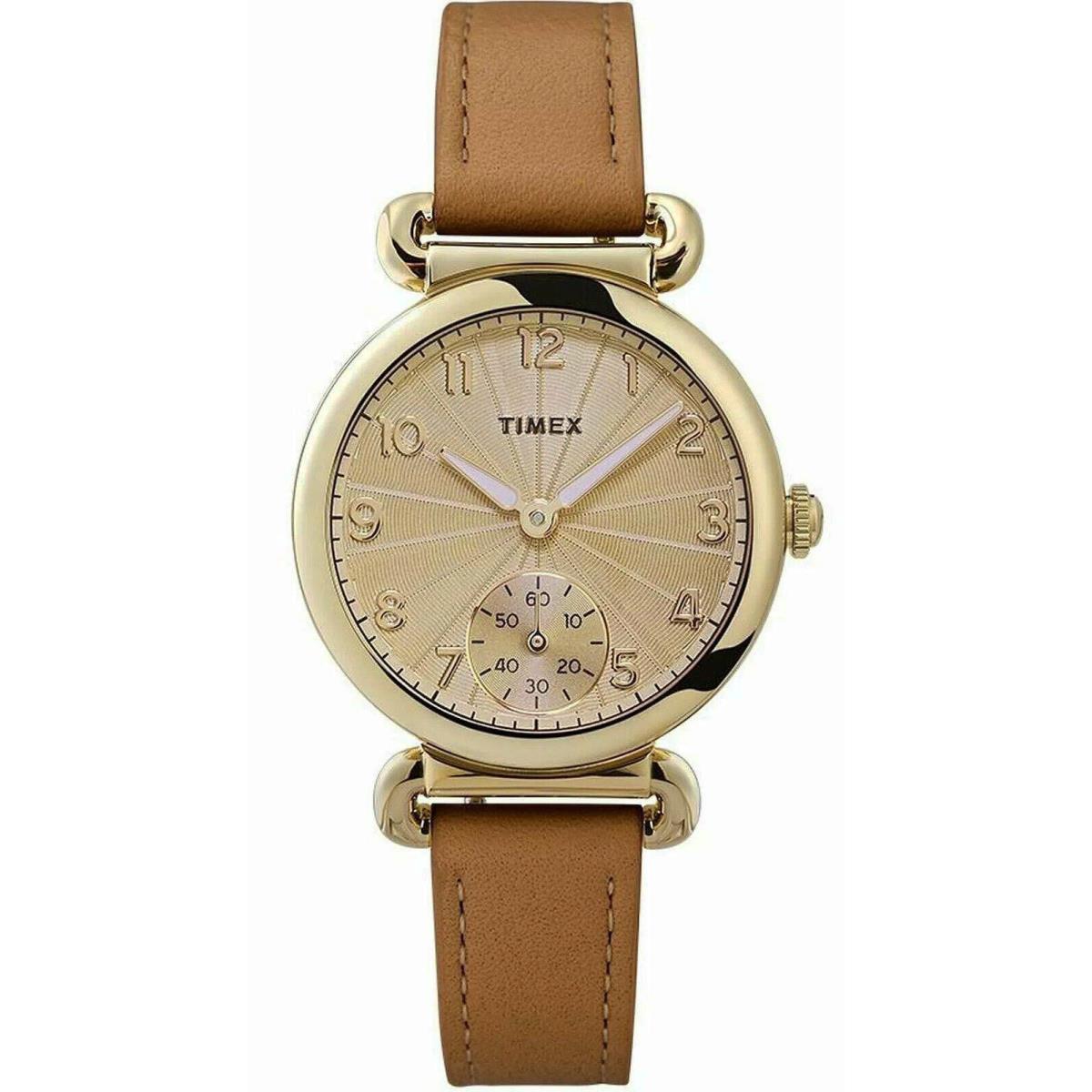 Timex TW2T88000 Women`s Analog Gold-tone Watch Brown Leather Strap