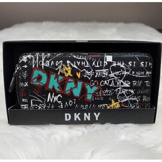 Dkny Vela Large Size Zip Around Wallet Clutch Black Graffiti Print