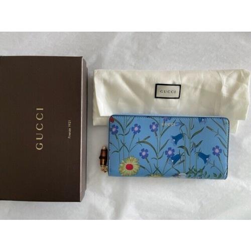 Gucci Nymphae Azure Shanghai Blue Large Floral Zip Around Wallet Purse Bag