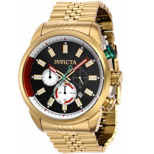 Invicta Aviator 39946 Men`s Round Analog Chronograph Gold Tone Black Dial Watch - Dial: Black, Band: Gold, Bezel: White/Red