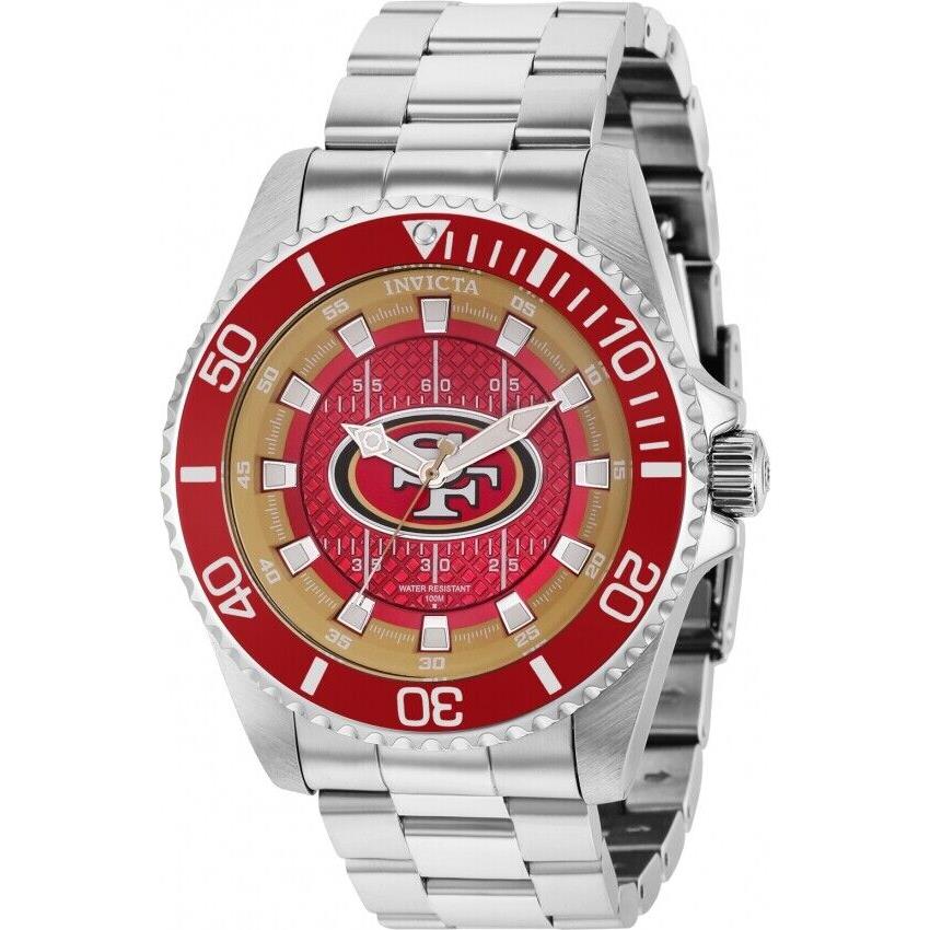 Invicta Men`s Nfl San Francisco 49ers 47mm Quartz Red Dial Watch 36931 - Red and Brown and Blue and White Dial, Silver-tone Band, Red Bezel