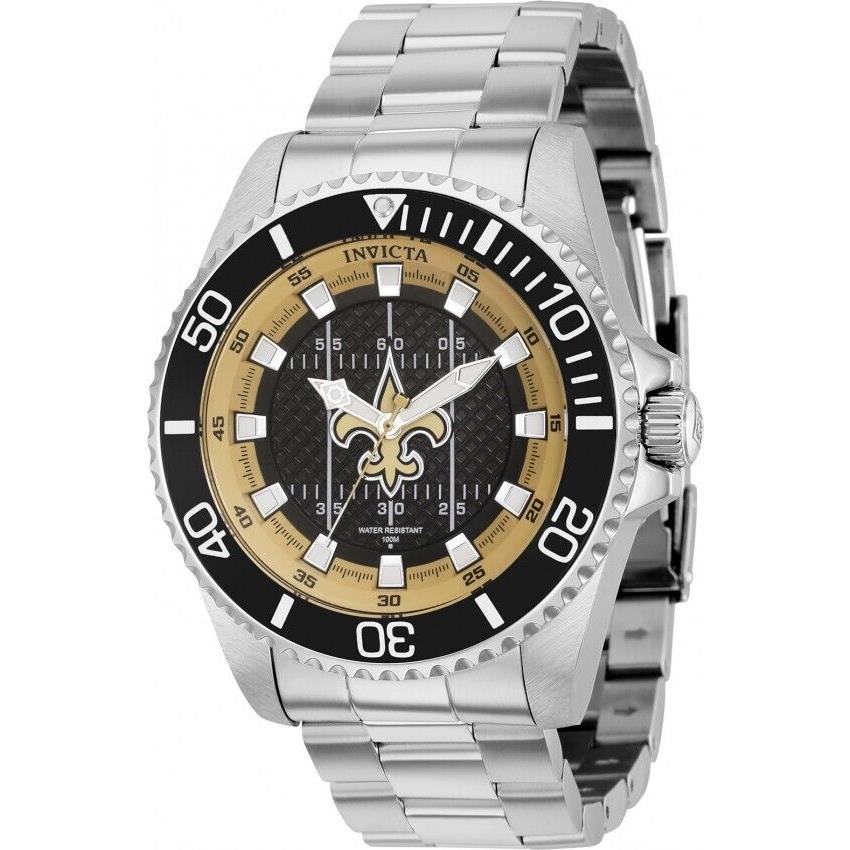 Invicta Men`s 47mm Nfl Orleans Saints Brown White Dial Silver Bracelet Watch