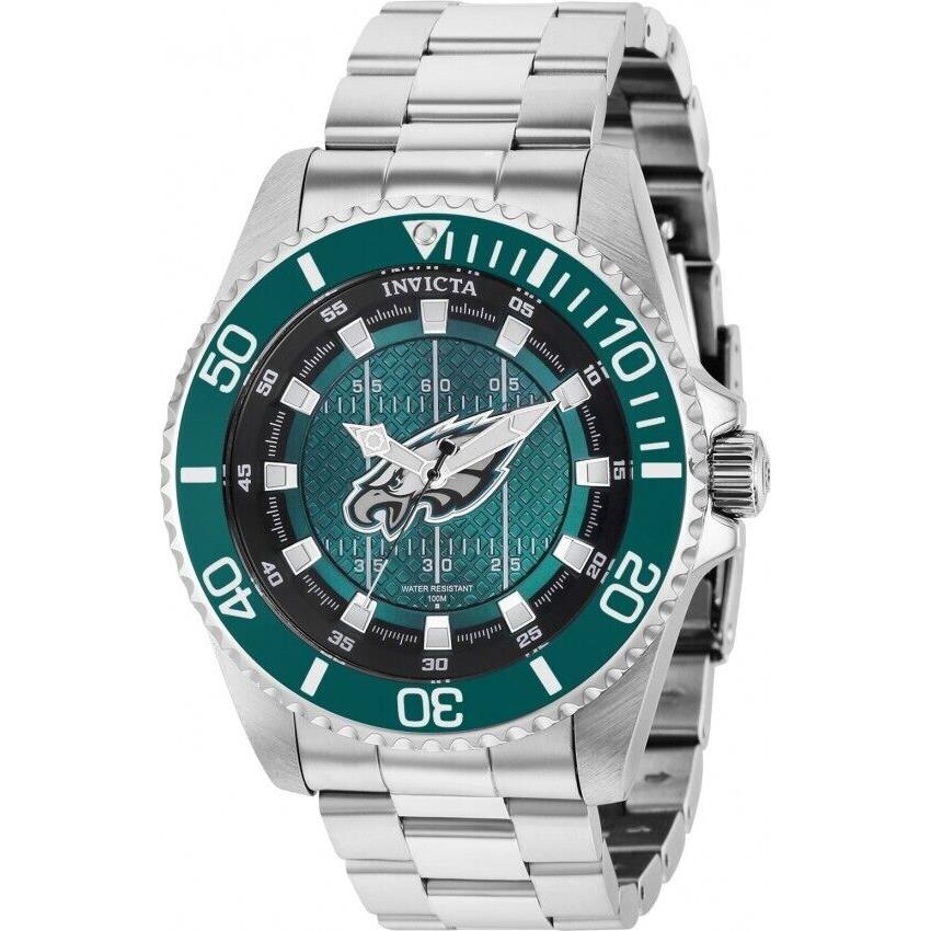 Invicta Men`s Nfl Philadelphia Eagles 47mm Quartz Green Dial Watch 36925 - Green and Grey and Black and White Dial, Silver-tone Band, Green Bezel