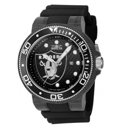Invicta Nfl Las Vegas Raiders Men`s 52mm Pro Diver Limited Silicone Watch 41473 - Dial: Black, Band: Black, Bezel: Black