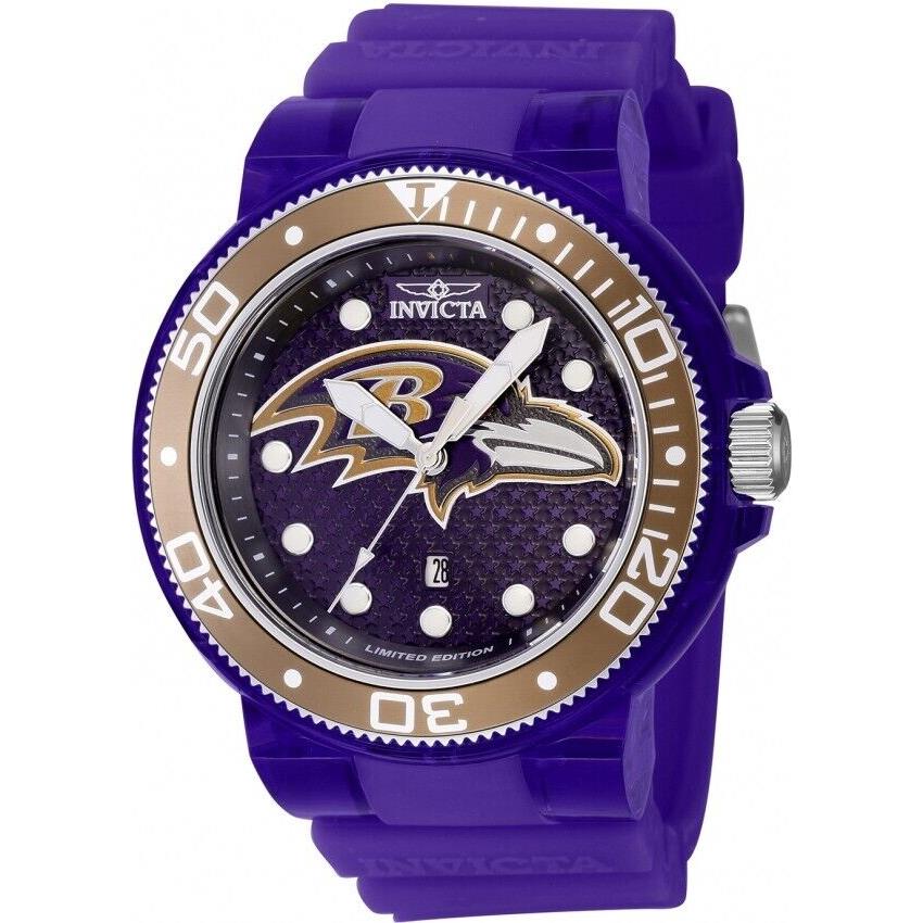 Invicta Men`s 51mm Nfl Baltimore Ravens Khaki Purple Dial Purple Silicone Watch