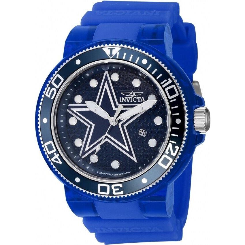 Invicta Men 51mm Nfl Dallas Cowboys Blue Metal Dial Blue Transparent Band Watch