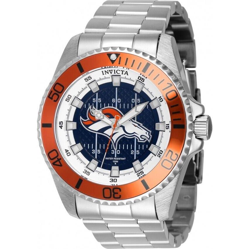 Invicta Men`s Nfl Denver Broncos 47mm Quartz Orange Blue Dial Watch 43329 - Blue Dial, Silver Band, Blue Bezel