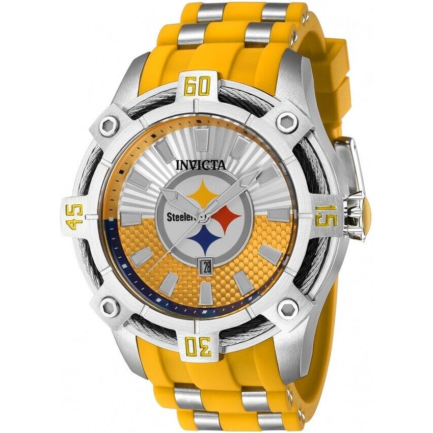 Invicta Men`s Nfl Pittsburgh Steelers 52mm Quartz Multicolor Dial Watch 42073 - Silver-tone Dial, Two-tone (Yellow and Silver-tone) Band, Black Bezel