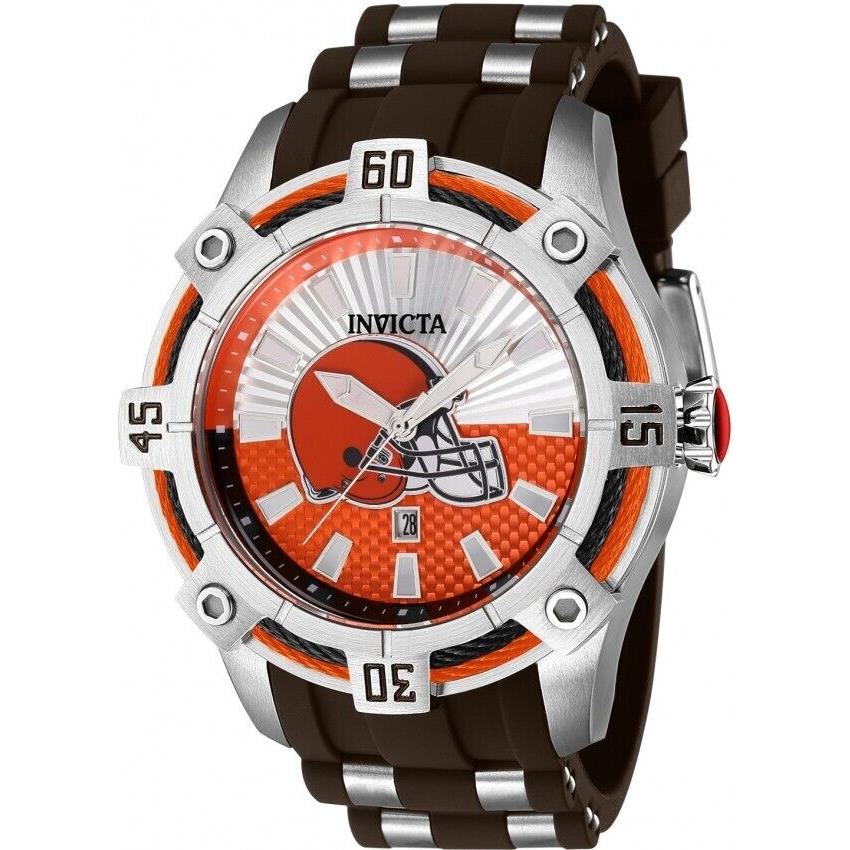 Invicta 52mm Nfl Cleveland Browns Orange Silver Dial Brown Steel Silicone Watch