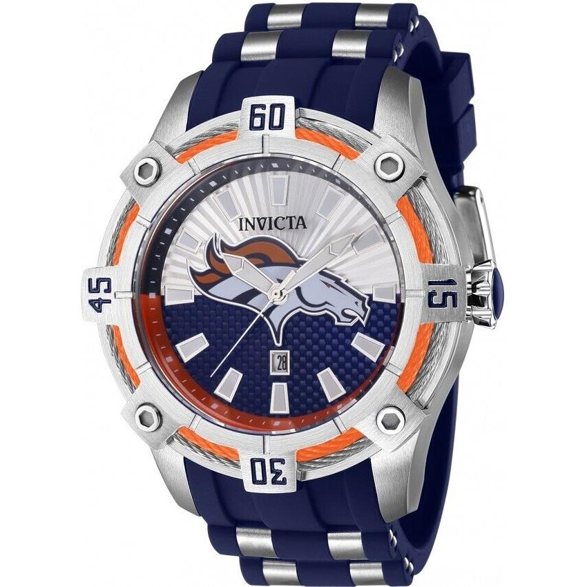 Invicta Men`s 52mm Nfl Denver Broncos Blue Silver Dial Blue Steel Silicone Watch