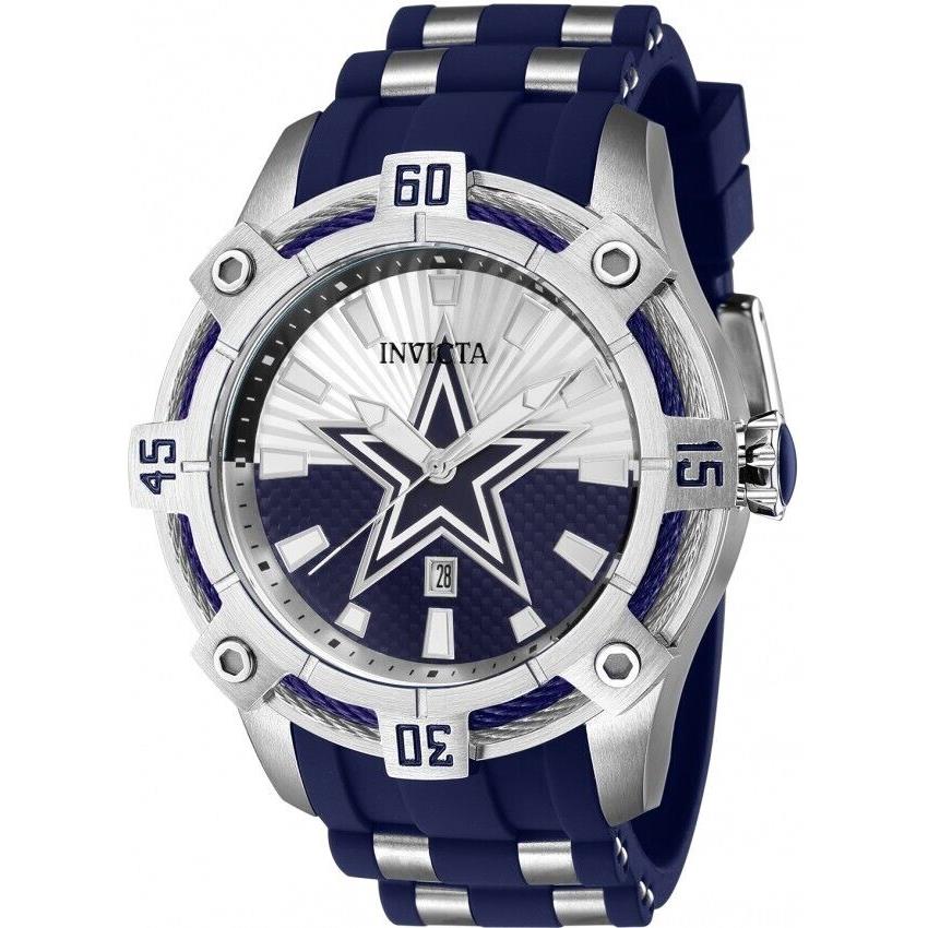Invicta Men`s 52mm Nfl Dallas Cowboys Silver Blue Dial Blue Steel Silicone Watch