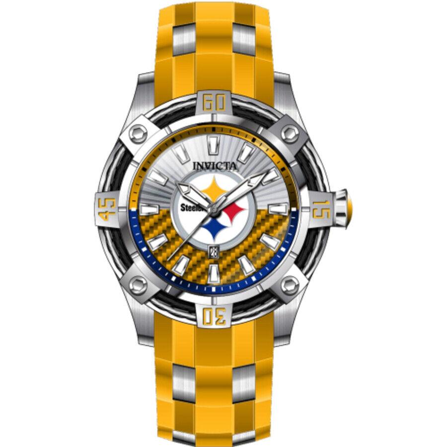 Invicta Nfl Pittsburgh Steelers Quartz Silver Dial Men`s Watch 42073 - Dial: Silver-tone, Band: Two-tone (Yellow and Silver-tone), Bezel: Silver-tone