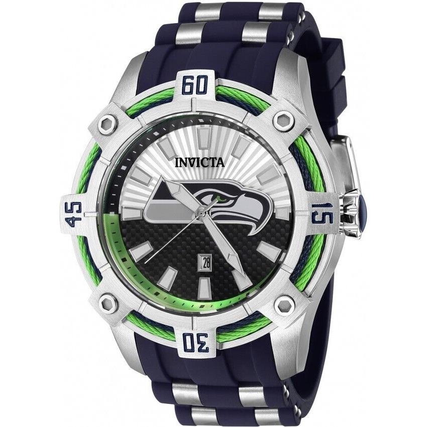 Invicta Men 52mm Nfl Seattle Seahawks Grey Silvr Dial Blue Silver Silicone Watch