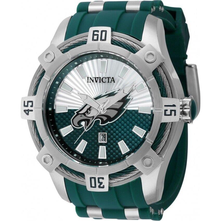 Invicta Men 52mm Nfl Philadelphia Eagles Green Dial Green Silver Silicone Watch