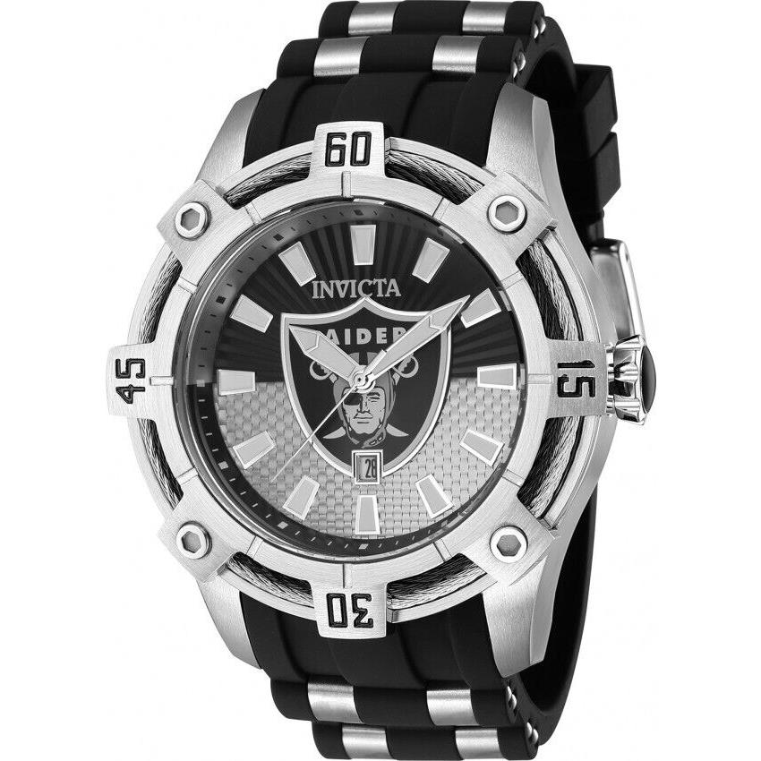 Invicta Men 52mm Nfl Las Vegas Raider Grey Black Dial Black Steel Silicone Watch