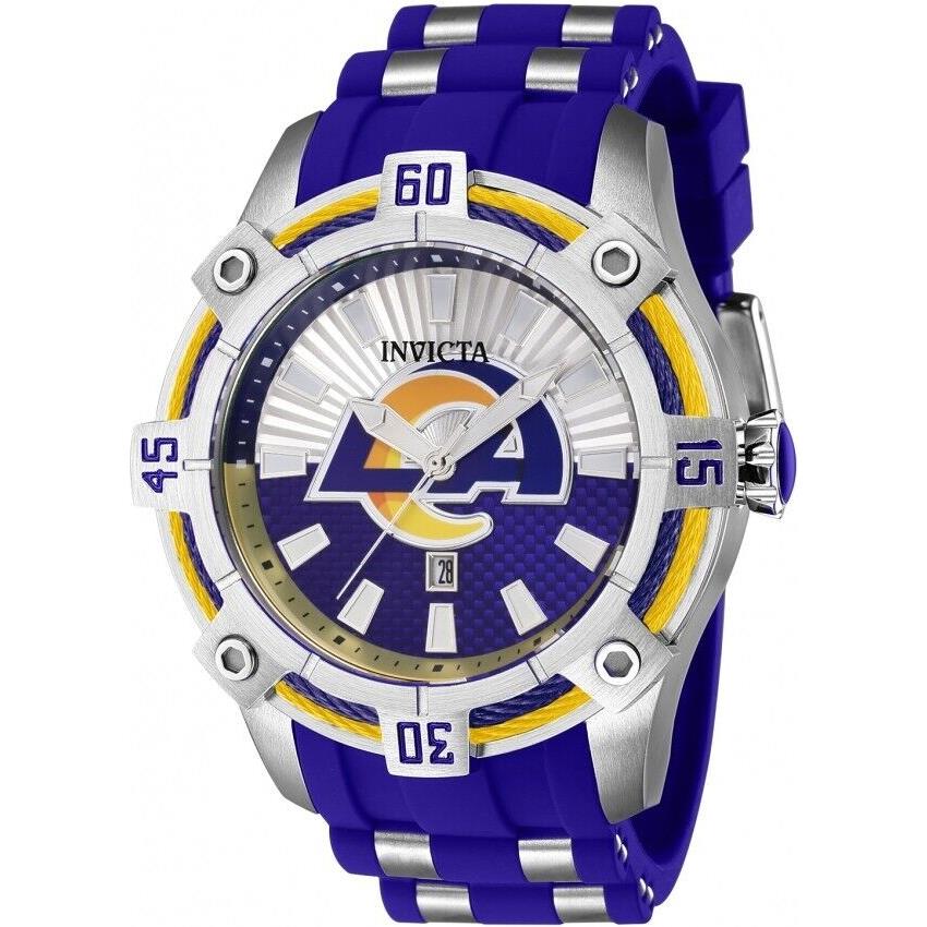 Invicta Men 52mm Nfl Los Angeles Rams Silver Blue Dial Blue Steel Silicone Watch - Blue Dial, Blue Band, Blue Bezel