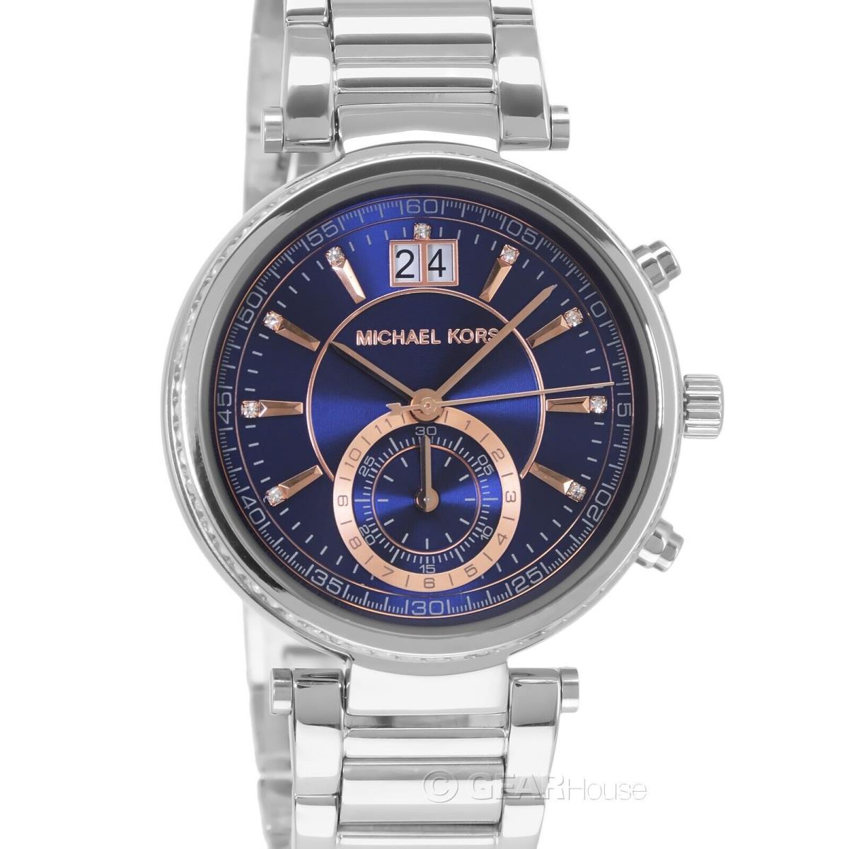 Michael Kors Womens Sawyer Chronograph Watch Blue Rose Gold Dial Stainless Steel