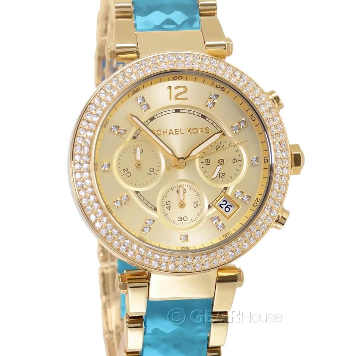 Michael Kors Womens Parker Chronograph Watch Gold Aqua Acrylic Band Crystals