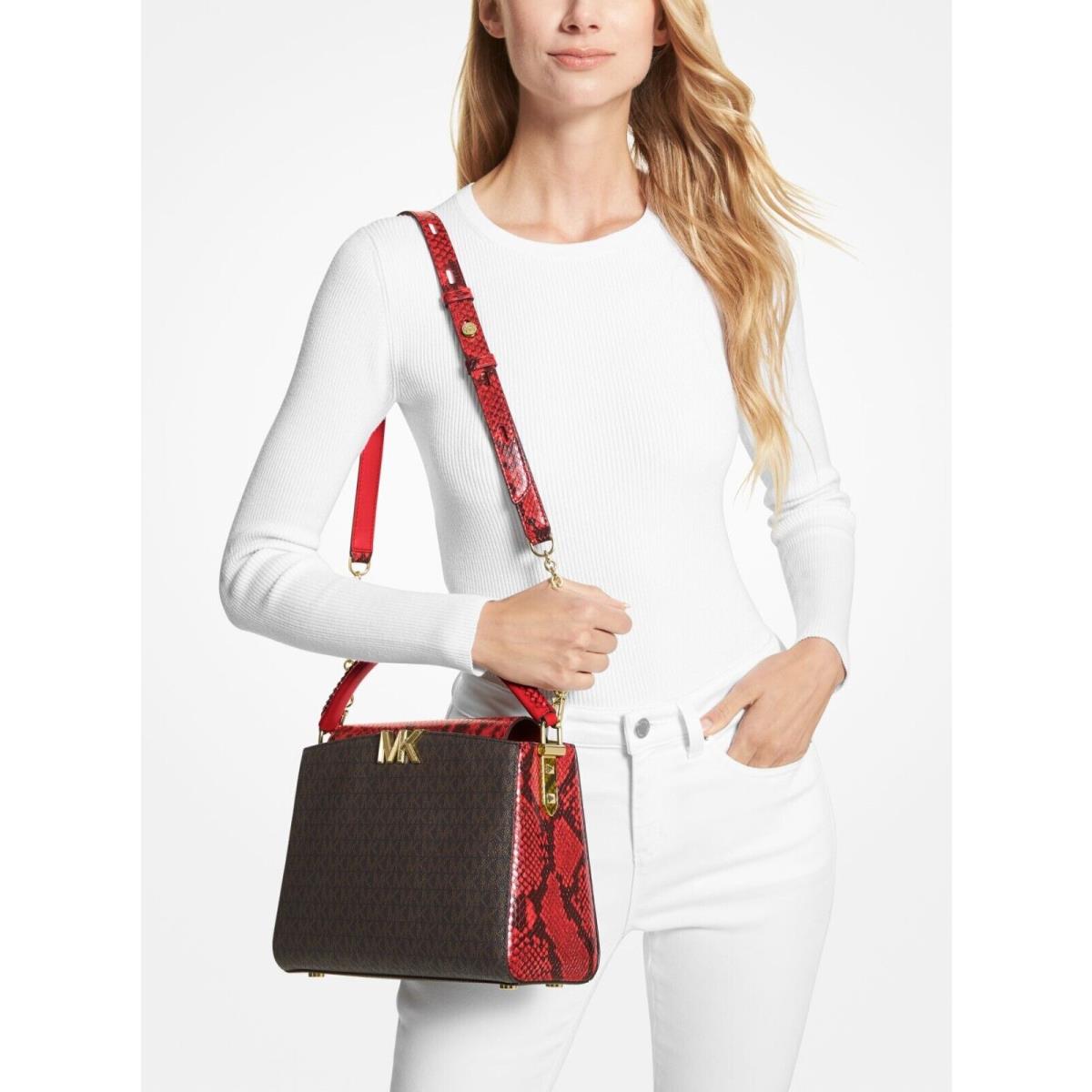 Michael Kors Karlie Satchel Medium Crimson Embossed Leather Brown