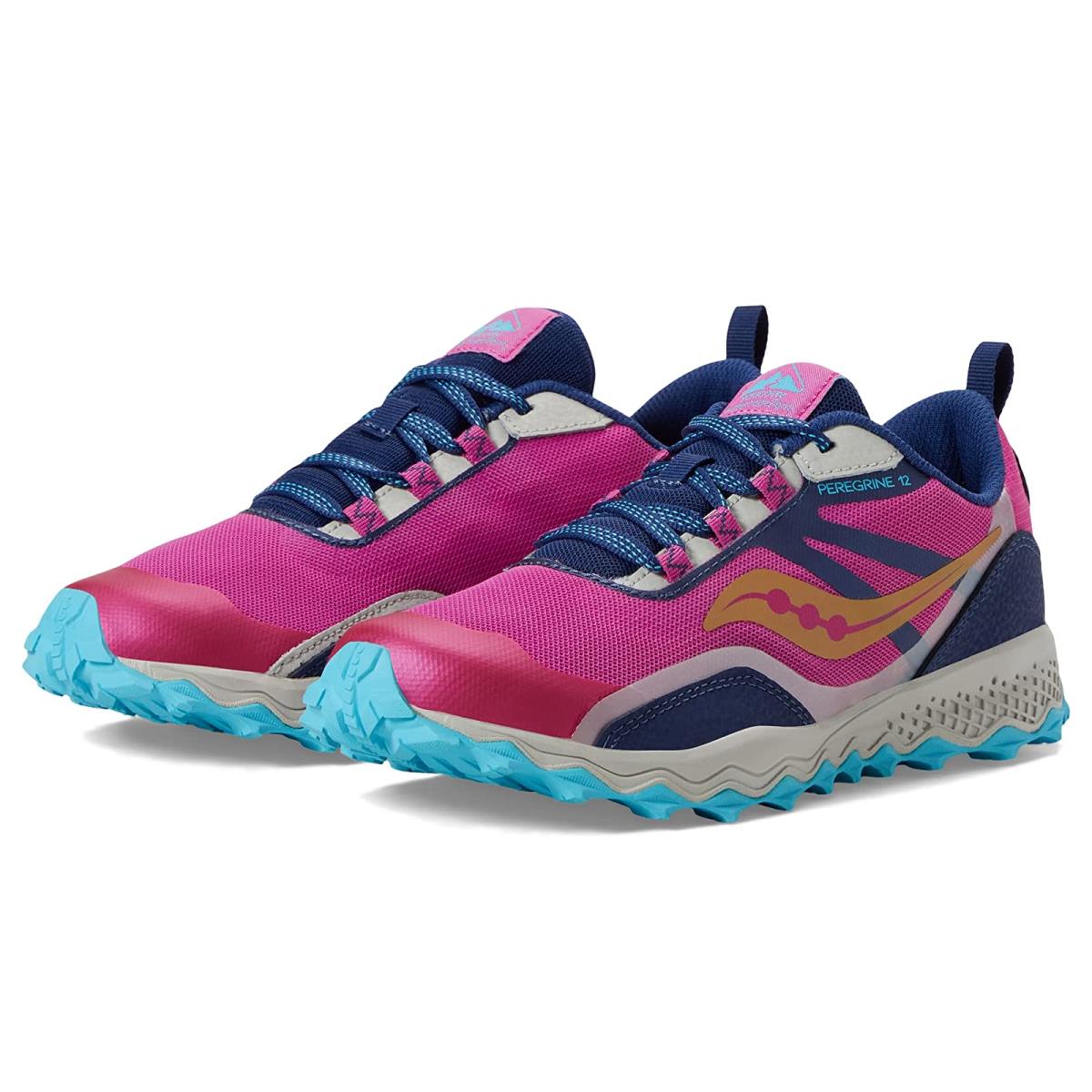Girl`s Shoes Saucony Kids Peregrine 12 Shield Little Kid/big Kid Navy/Turquoise/Pink