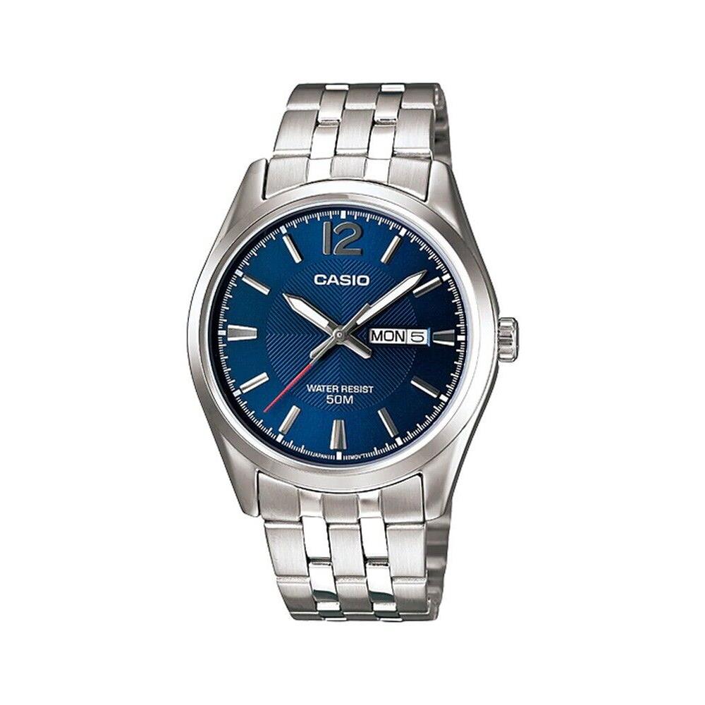 Casio MTP1335D-2AV Men`s Enticer Stainless Steel Blue Dial Day Date Watch - Dial: Blue, Band: Silver, Bezel: Silver