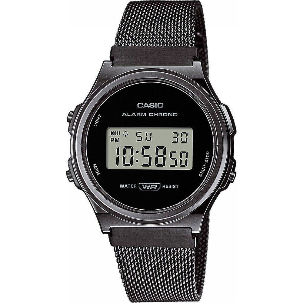 Casio Vintage Style Digital Black Ion Plated Stainless Steel Mesh A171WEMB-1A