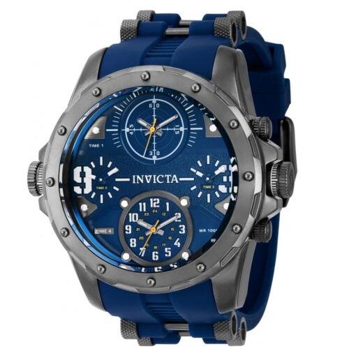 Invicta Coalition Forces Men`s 50mm 4-Time Zones Blue Gunmetal Watch 39354 - Dial: Blue, Band: Blue, Bezel: Gray