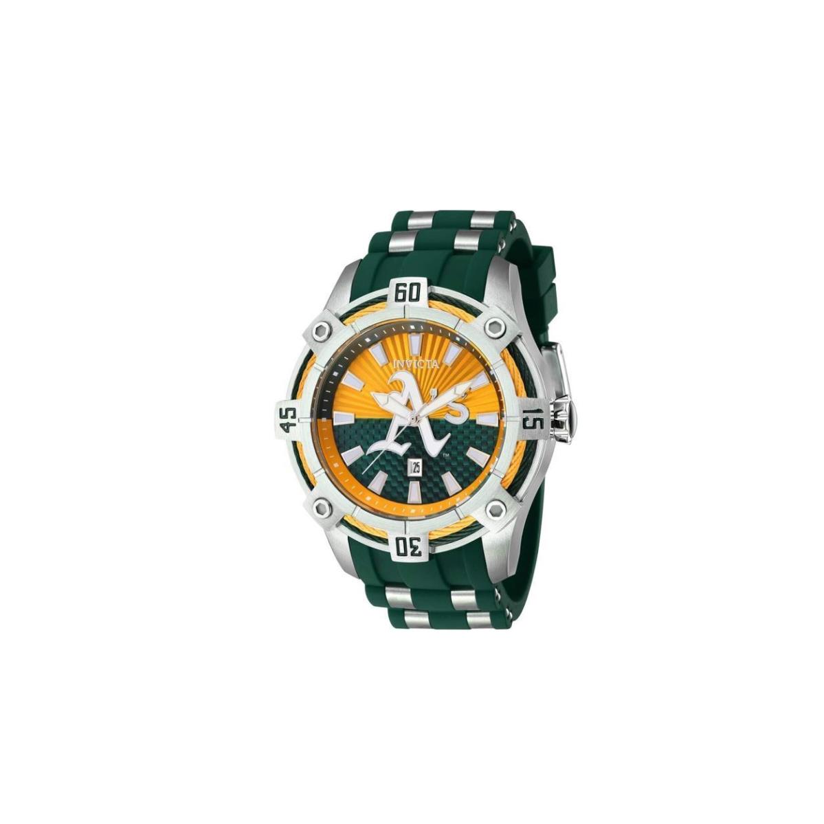 Invicta Mlb Oakland Athletics Dial 52 mm Watch 43278 - Dial: Oakland Athletics, Band: Green, Bezel: Yellow and Silver-tone and Green